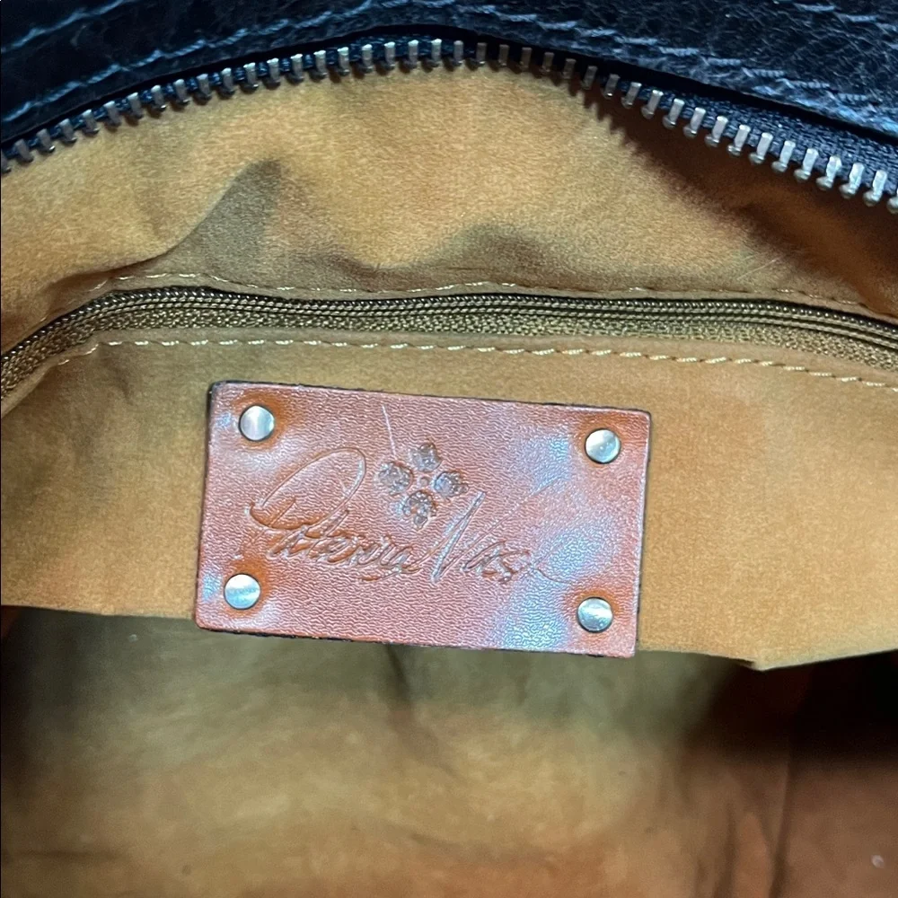 PATRICIA NASH POPPY TOTE BLACK LEATHER LEAF PATTERN TASSEL 3 COMPARTMENTS - Picture 14 of 17